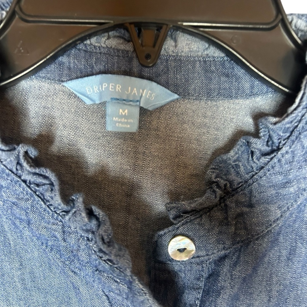 Draper James Blue Button Down Shirt with Ruffles size medium - Picture 3 of 11